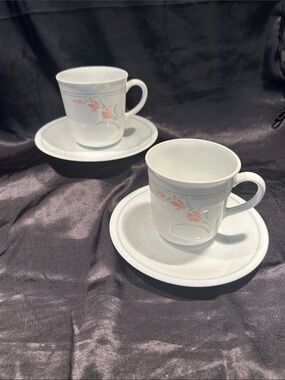 Corelle White Porcelain Mugs and Saucers with Peach Floral Motif